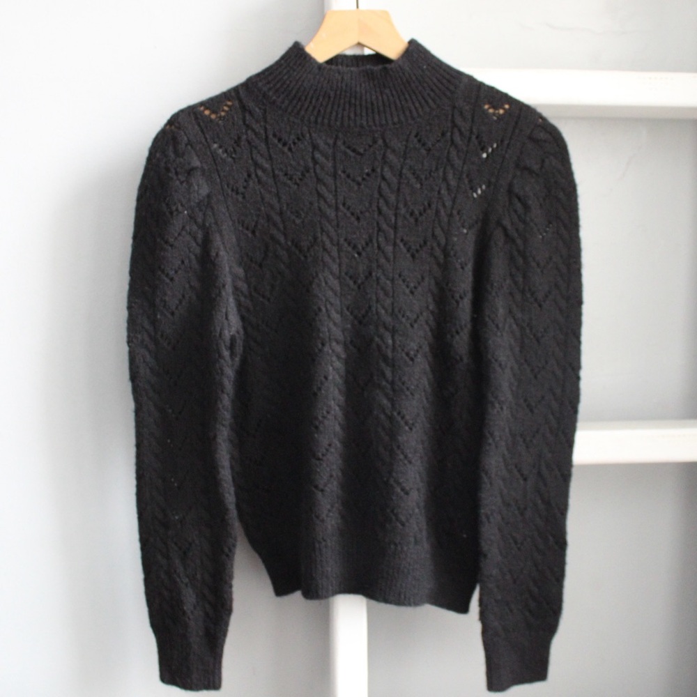ModCloth Women’s Black Lacey Knit Cutout Puff Sleeve Mock Neck Sweater sz Medium